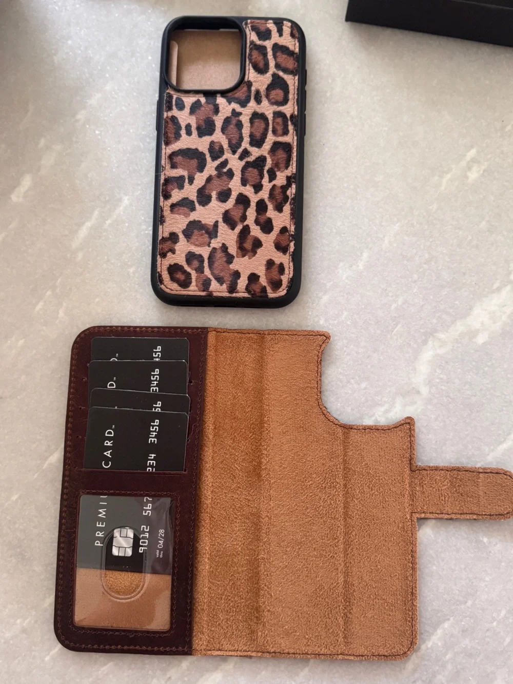 NIB Leopard Print Genuine Leather Phone Case + Wallet - iPhone 15 Pro Max